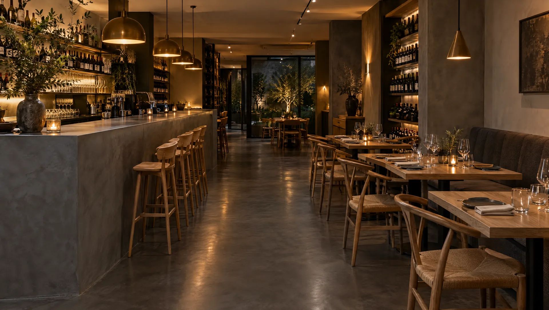 Restauracja z barem i podłogą z mikrocementu w ciemnym grafitowym odcieniu, satynowe wykończenie