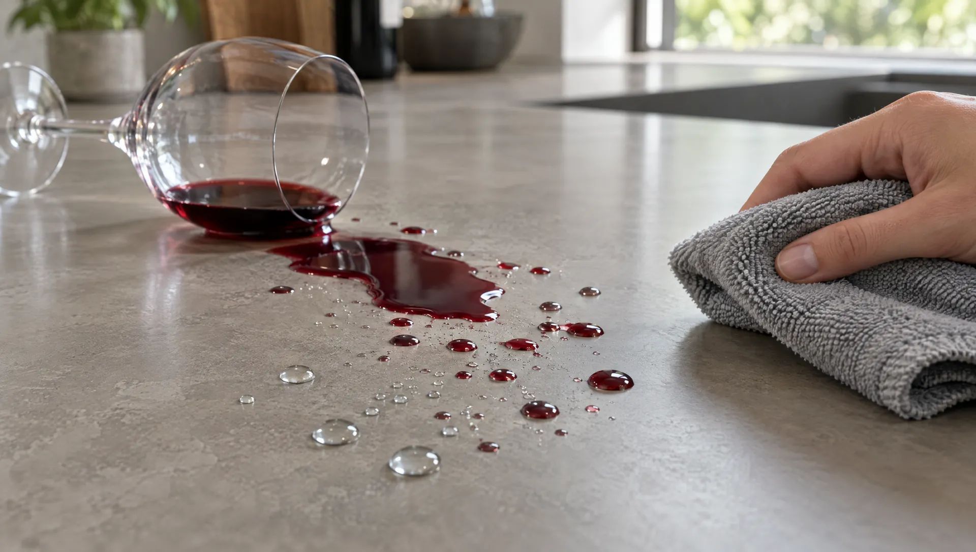 Rozlane wino na zabezpieczonym blacie z mikrocementu: krople nie wsiąkają i dają się łatwo zetrzeć