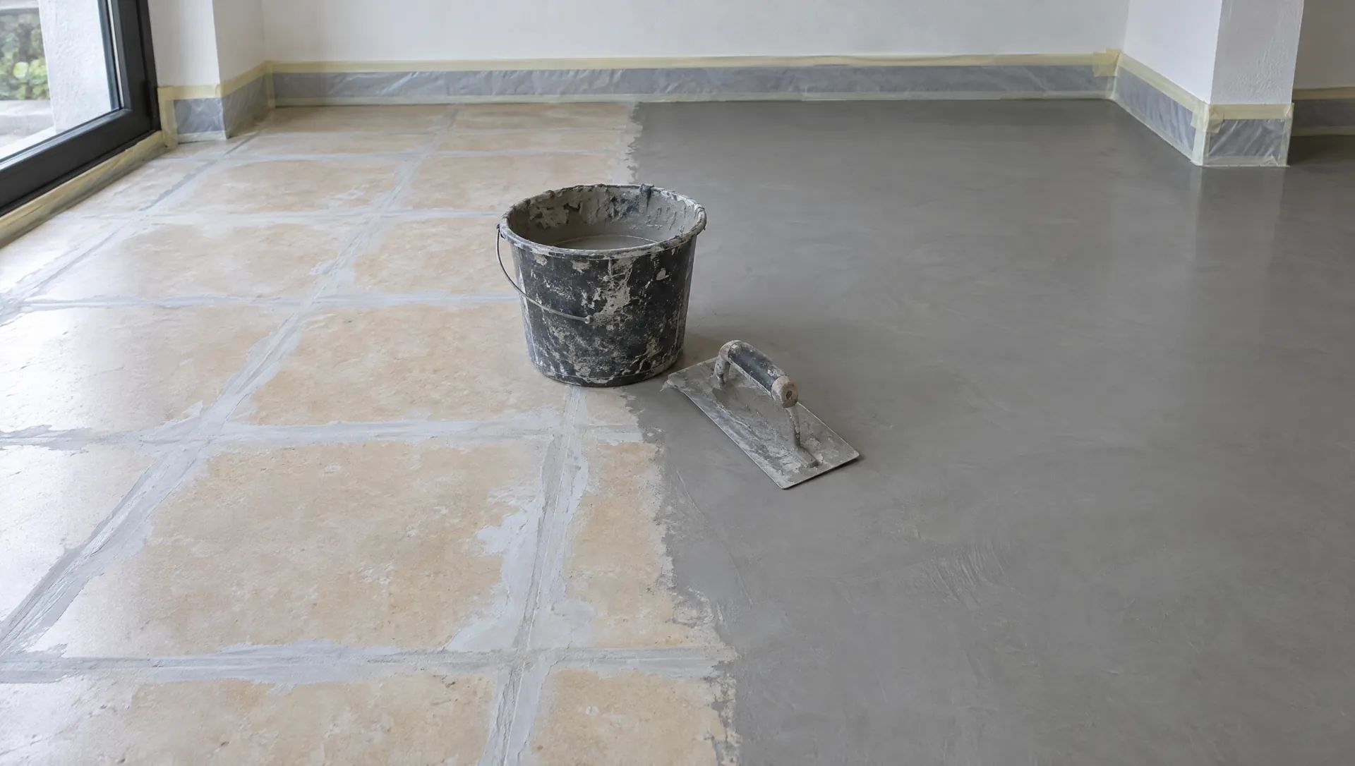Mikrocement na płytkach: stara posadzka z płytek częściowo pokryta szarą warstwą mikrocementu